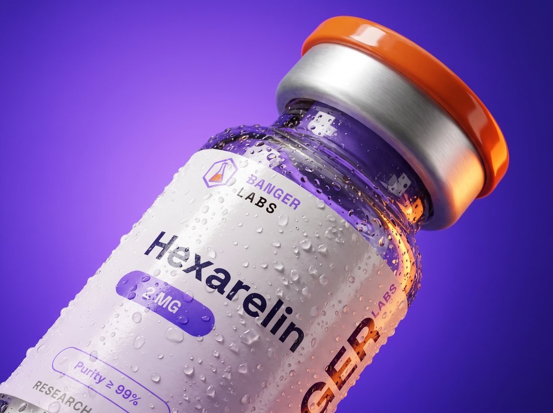 Hexarelin vial — research-grade detail